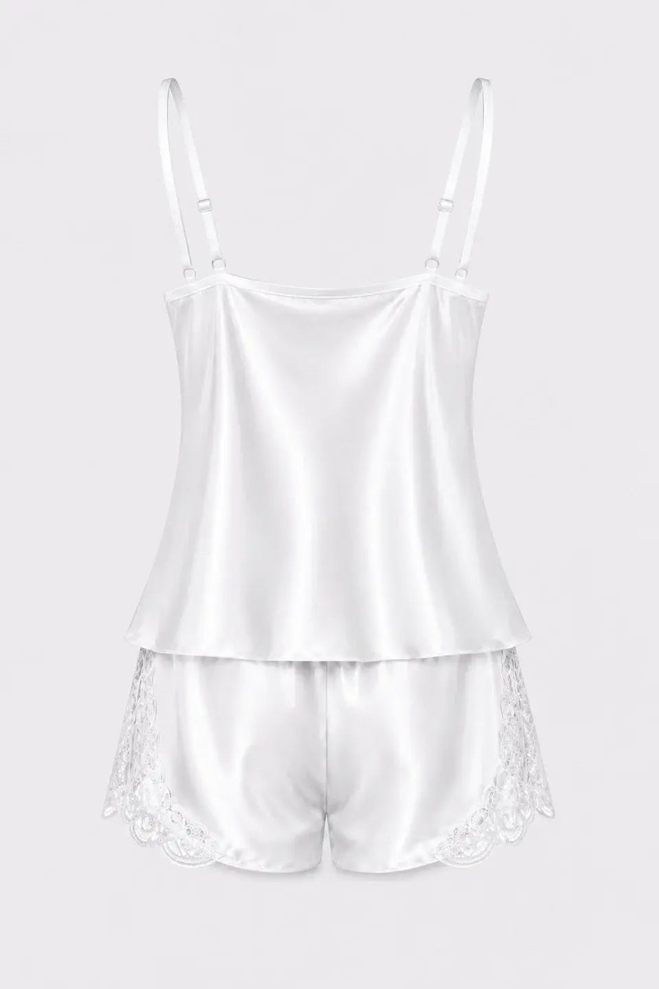 Beyaz Dantel Detaylı İnce Askılı Saten Şortlu Pijama Takımı