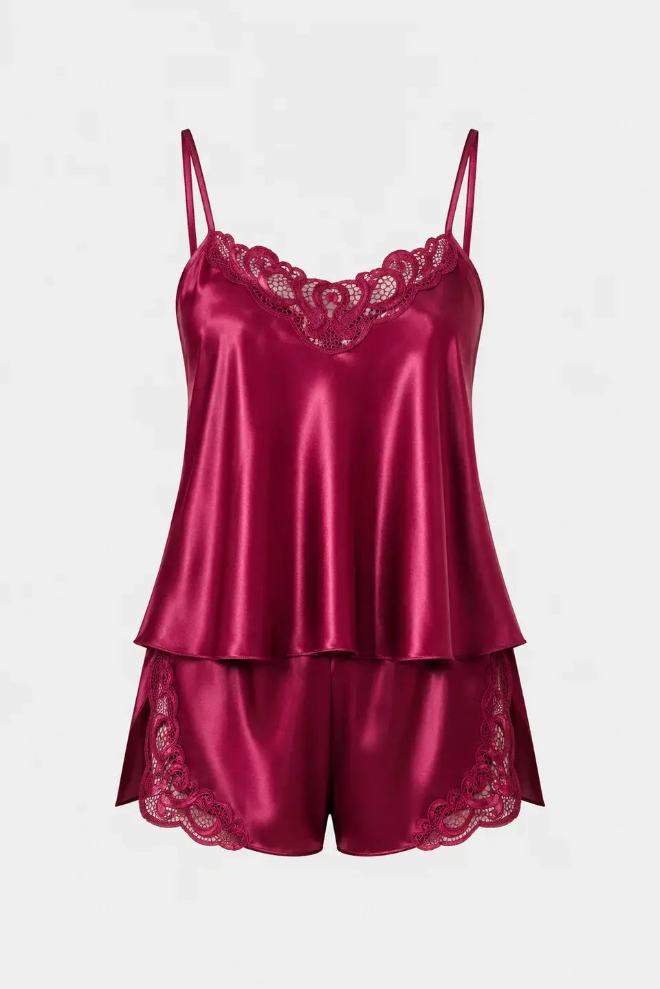 Bordo Dantel Detaylı İnce Askılı Saten Şortlu Pijama Takımı
