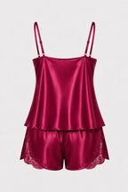 Bordo Dantel Detaylı İnce Askılı Saten Şortlu Pijama Takımı