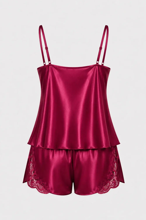 Bordo Dantel Detaylı İnce Askılı Saten Şortlu Pijama Takımı