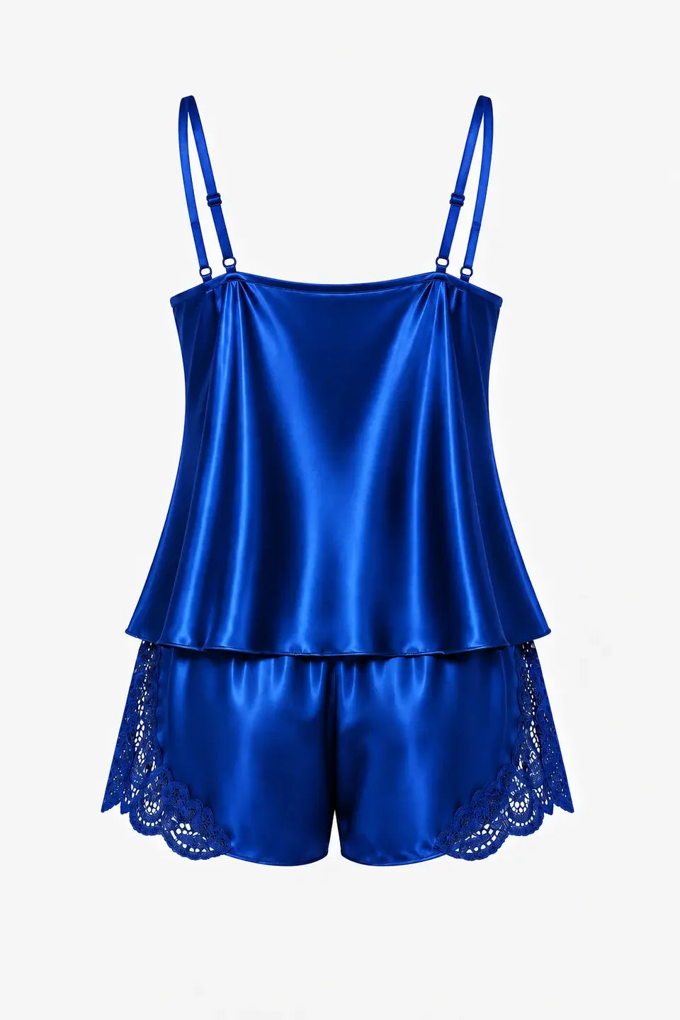 Mavi Dantel Detaylı İnce Askılı Saten Şortlu Pijama Takımı