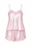 Pembe Dantel Detaylı İnce Askılı Saten Şortlu Pijama Takımı