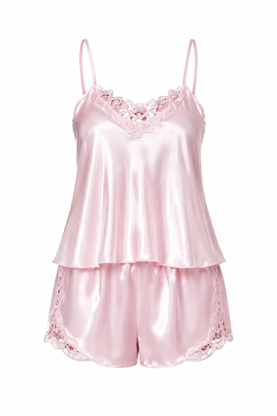 Pembe Dantel Detaylı İnce Askılı Saten Şortlu Pijama Takımı