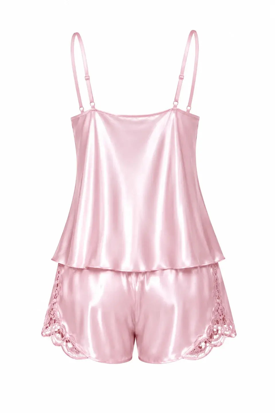 Pembe Dantel Detaylı İnce Askılı Saten Şortlu Pijama Takımı