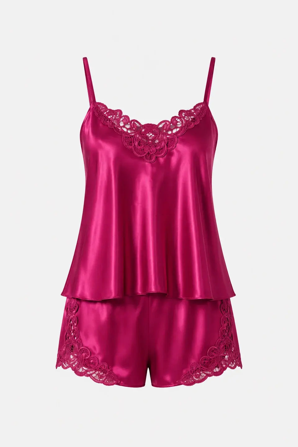 Vişne Dantel Detaylı İnce Askılı Saten Şortlu Pijama Takımı