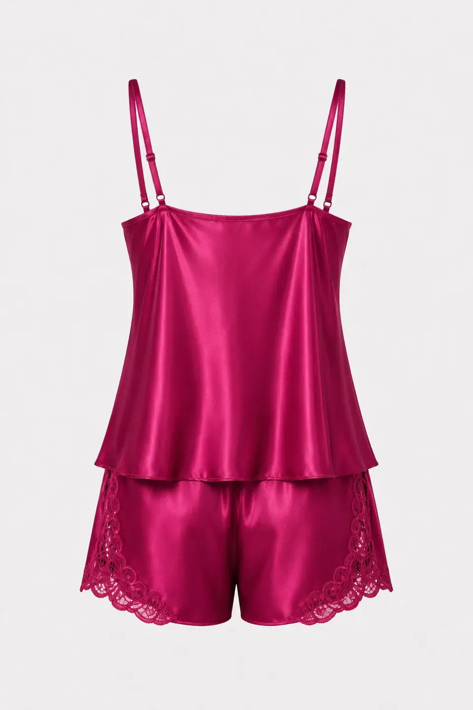 Vişne Dantel Detaylı İnce Askılı Saten Şortlu Pijama Takımı